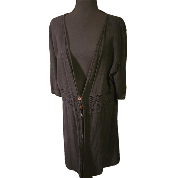 Black Cotton Tunic length Button-down Topper Crochet Detail Large - Picture 1 of 4